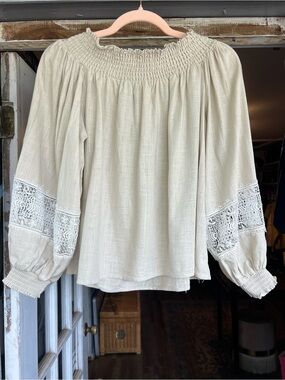 CeCe Cream Smocked Peasant Blouse with Lace Sleeves